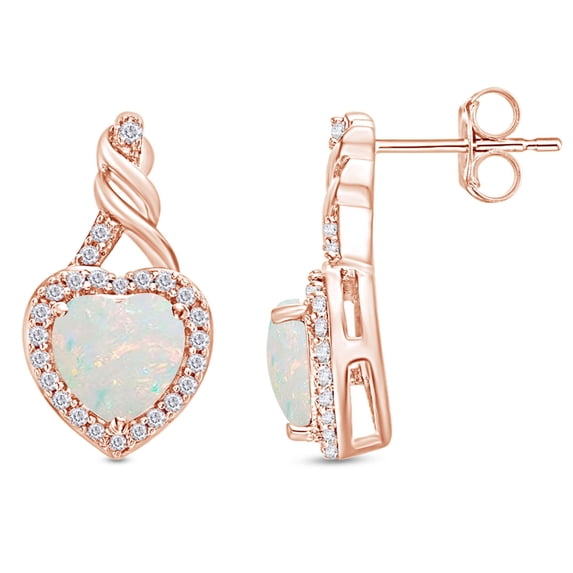 Lab Created Opal Gemstone And Sparkling White Cubic Zirconia Promise Heart Stud Earrings In 14k Rose Gold Over Sterling Silver Jewelry For Her Women