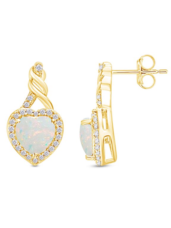 Lab Created Opal Gemstone And Sparkling White Cubic Zirconia Promise Heart Stud Earrings In 14k Yellow Gold Over Sterling Silver Jewelry For Her Women