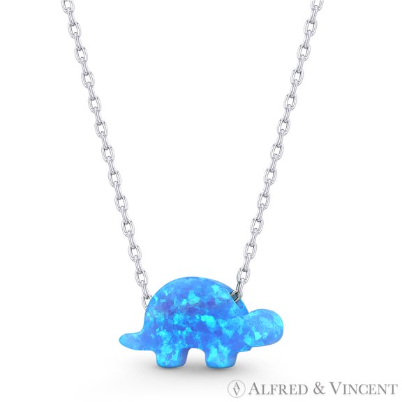 Lab-Created Opal Tortoise / Turtle Animal Charm Pendant & Chain Necklace in .925 Sterling Silver