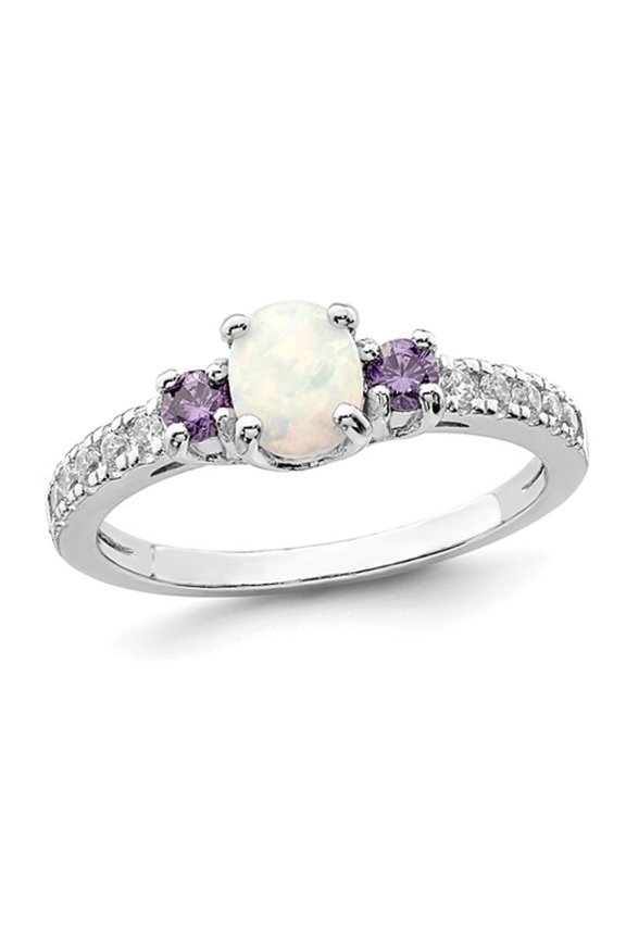 Gem & Harmony Lab-Created Opal with Amethysts Ring in Sterling Silver for Women