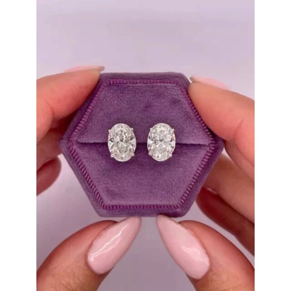 Lab Created Oval Cut Diamond Solitaire Stud Earrings 14K White Gold Plated 4 Ct