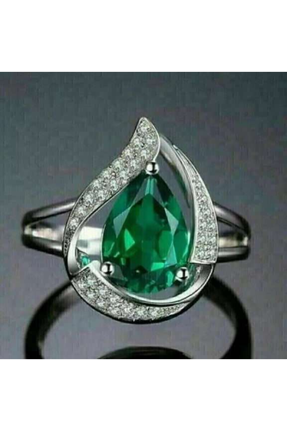 Lab Created Pear Cut Green Emerald 2.10Ct Womens Wedding Ring 14K White Gold Plated