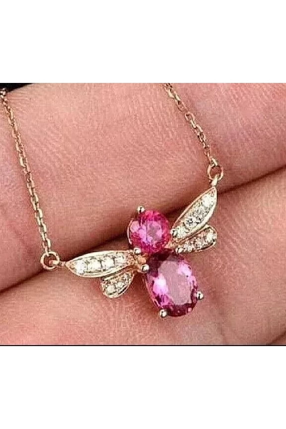 Lab-Created Pink Ruby Ladies Fancy Necklace 14K Rose Gold Plated Silver 2Ct Oval Cut 18 Inch Chain