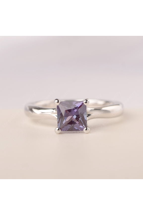Lab Created Princess cut solitaire engagement ring alexandrite minimalist wedding ring June birthstone