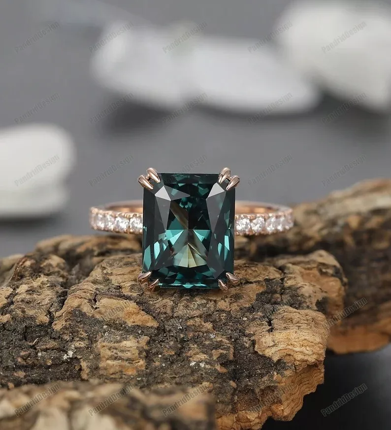 Lab Created Radiant Cut Teal Sapphire Engagement Ring, Double