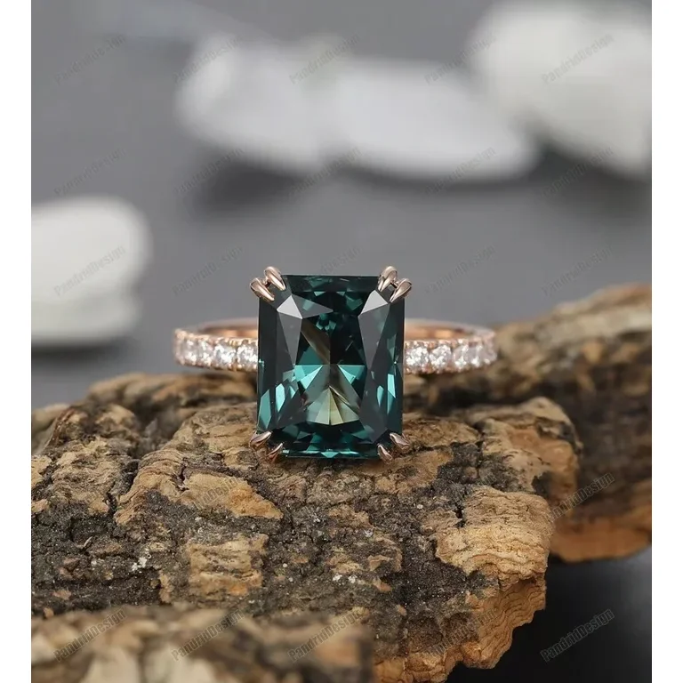 Lab Created Radiant Cut Teal Sapphire Engagement Ring, Double