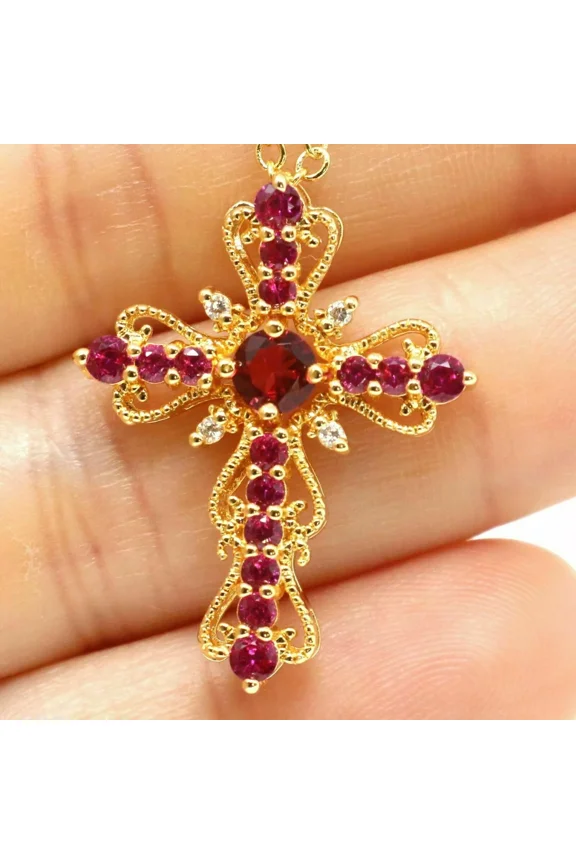 Lab-Created Red Ruby 2Ct Round Cut Men's Cross Pendant 14K Yellow Gold Plated Silver