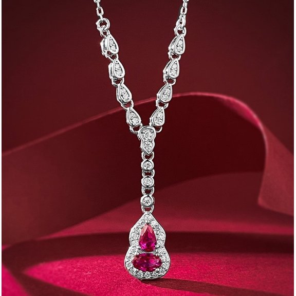 Lab Created Red Ruby Pendant Necklace 14K White Gold Plated Pear Shape Women's Gift
