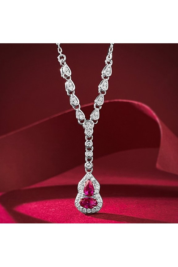 Lab Created Red Ruby Pendant Necklace 14K White Gold Plated Pear Shape Women's Gift