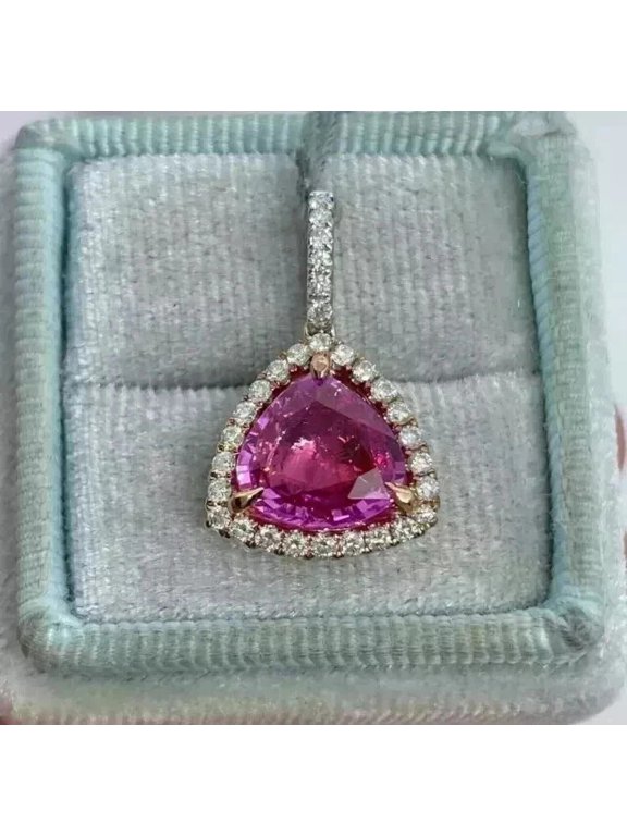 Lab-Created Red Ruby Trillion Cut Halo Pendant 14k Yellow Gold Plated Silver