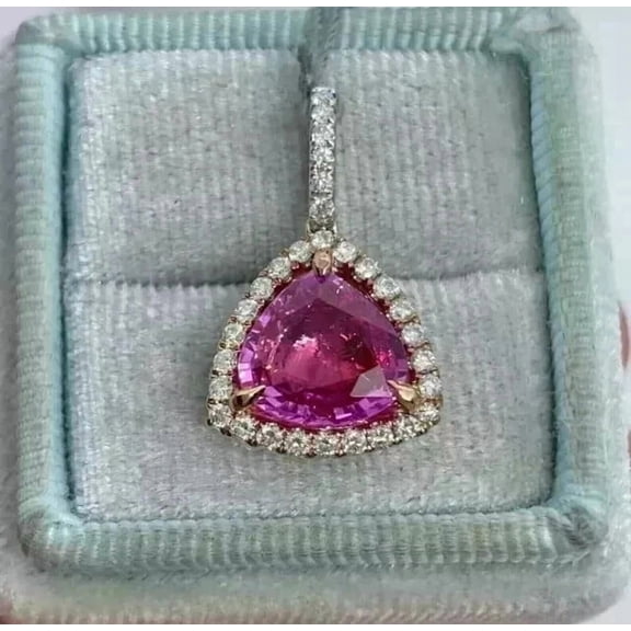 Lab-Created Red Ruby Trillion Cut Halo Pendant 14k Yellow Gold Plated Silver