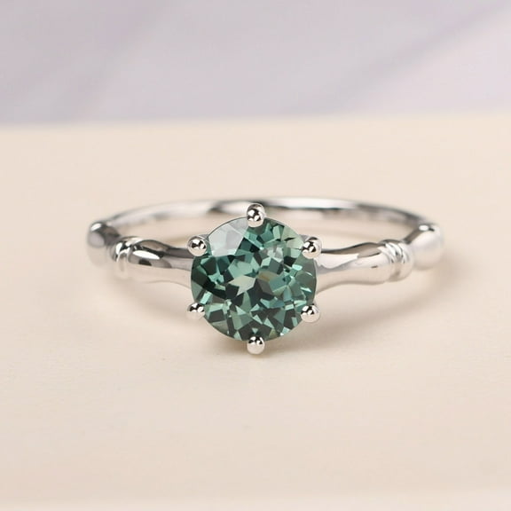 Lab Created Round shaped 1.67 carat green sapphire ring sterling silver bamboo statement ring