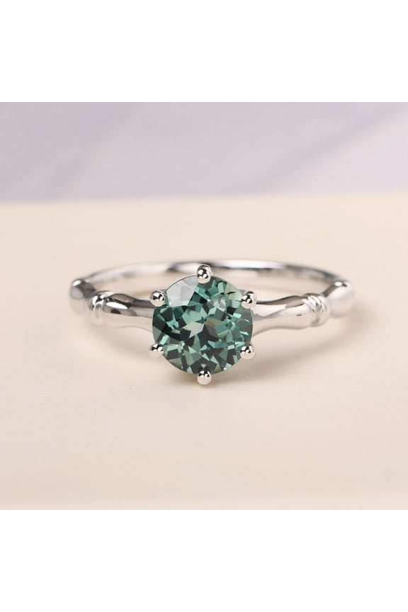 Lab Created Round shaped 1.67 carat green sapphire ring sterling silver bamboo statement ring