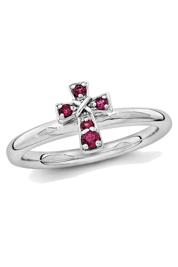 Gem & Harmony Lab Created Ruby Cross Ring 1/8 Carat (Ctw) in Sterling Silver for Women