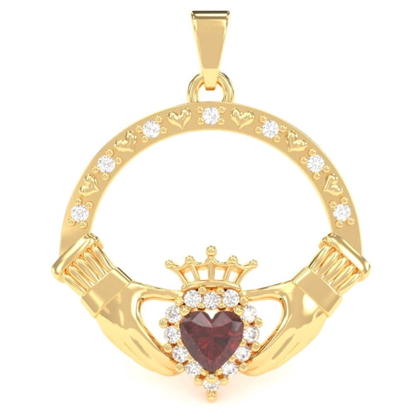 Lab-Created Ruby Diamond Claddagh Pendant in 14k Yellow Gold