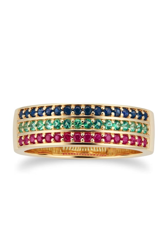 Lab Created Ruby, Emerald & Sapphire Half Eternity Ring in Sterling Silver – A Vibrant Symbol of Everlasting Love and Elegance