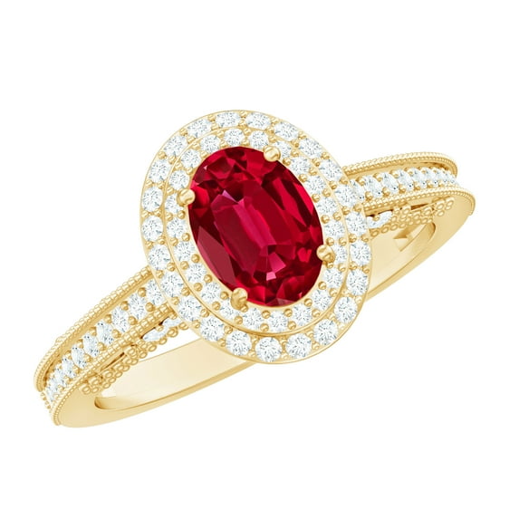 Rosec Jewels Lab Grown Ruby Oval Engagement Ring with Double Halo - Vintage Style Ruby Diamond Ring - AAAA Quality Certified, 18K Yellow Gold, US 3.00