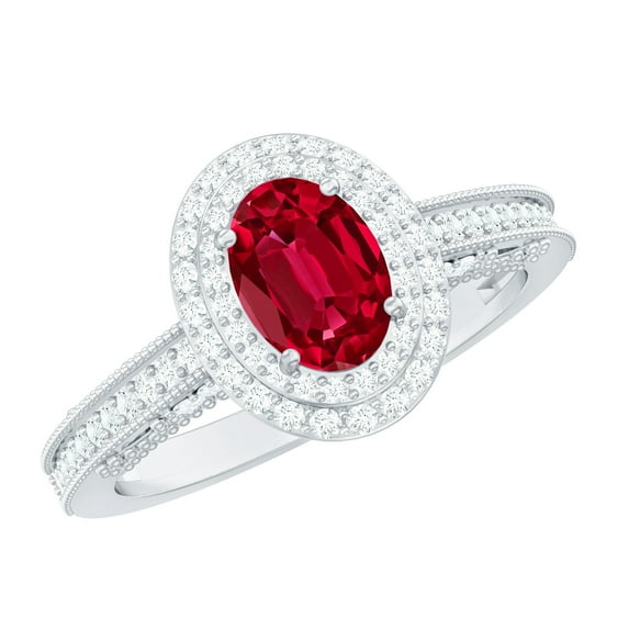Rosec Jewels Lab Grown Ruby Oval Engagement Ring with Double Halo - Vintage Style Ruby Diamond Ring - AAAA Quality Certified, 925 Sterling Silver, US 4.00