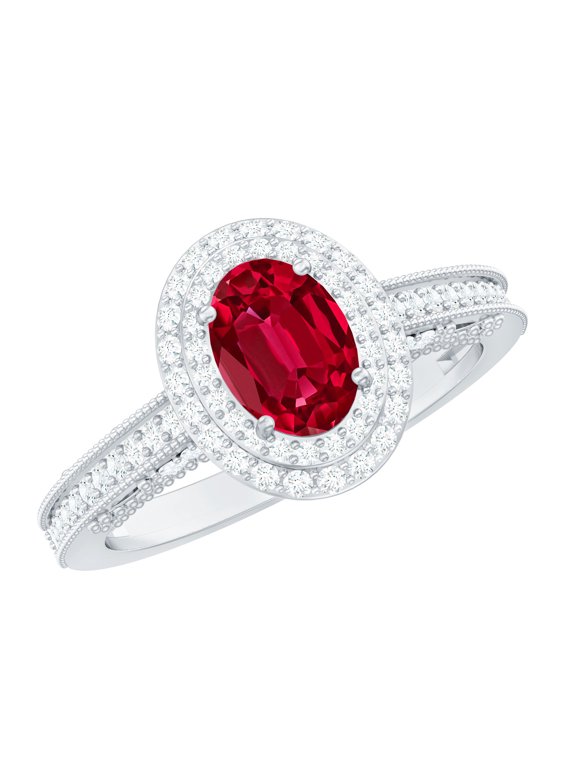Lab Grown Ruby Oval Engagement Ring with Double Halo - Vintage Style Ruby Diamond Ring - AAAA Quality Certified, 925 Sterling Silver, US 4.00