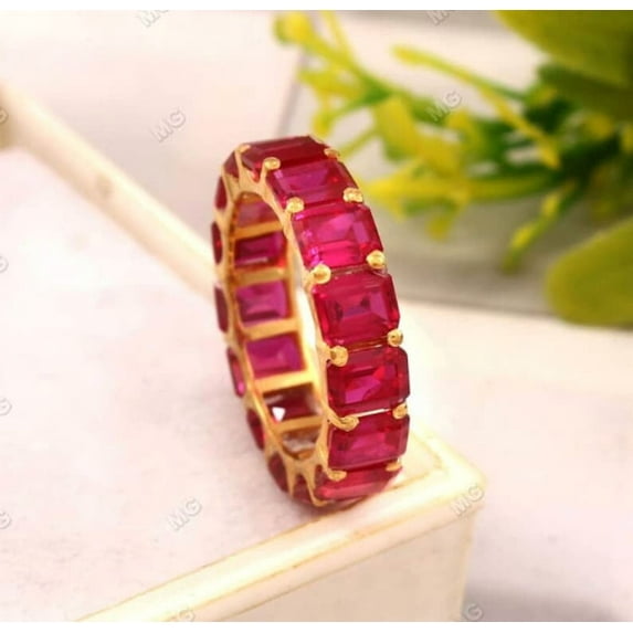 Lab Created Ruby Eternity Band For Women 925Silver Emerald Cut Gemstone Luxury Ring Engagement Ring Wedding Band Birthstone Anniversary Gift