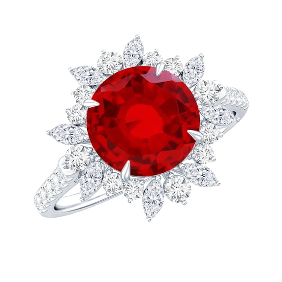 Rosec Jewels Lab Grown Ruby Cocktail Ring for Women - 8 mm - Certified Ruby Diamond Ring - AAAA Grade - with Jewelry Box, 18K White Gold, US 9.50