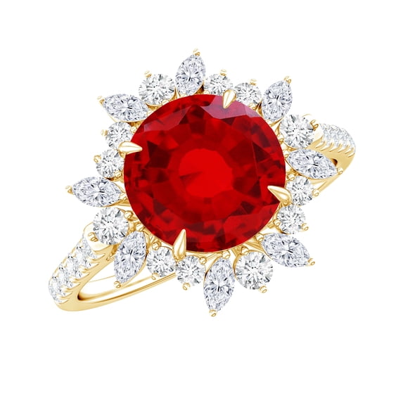 Rosec Jewels Lab Grown Ruby Cocktail Ring for Women - 8 mm - Certified Ruby Diamond Ring - AAAA Grade - with Jewelry Box, 18K Yellow Gold, US 6.50