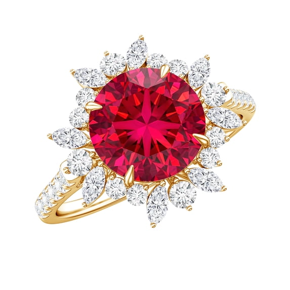 Rosec Jewels Lab Grown Ruby Cocktail Ring for Women - 8 mm - Certified Ruby Diamond Ring - AAAA Grade - with Jewelry Box, 18K Yellow Gold, US 9.00