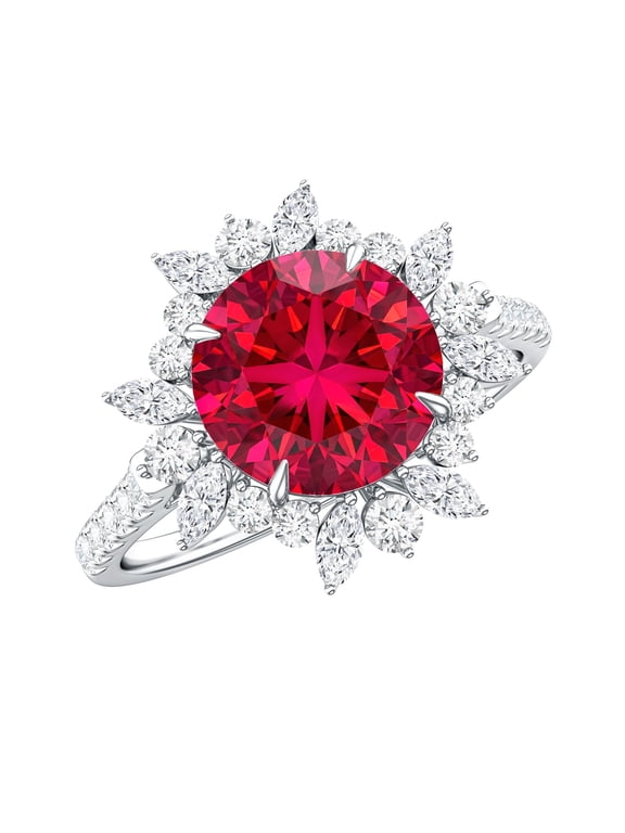Lab Grown Ruby Cocktail Ring for Women - 2 Ct Ruby Ring with Diamond Halo - AAAA Grade, 925 Sterling Silver, US 4.00