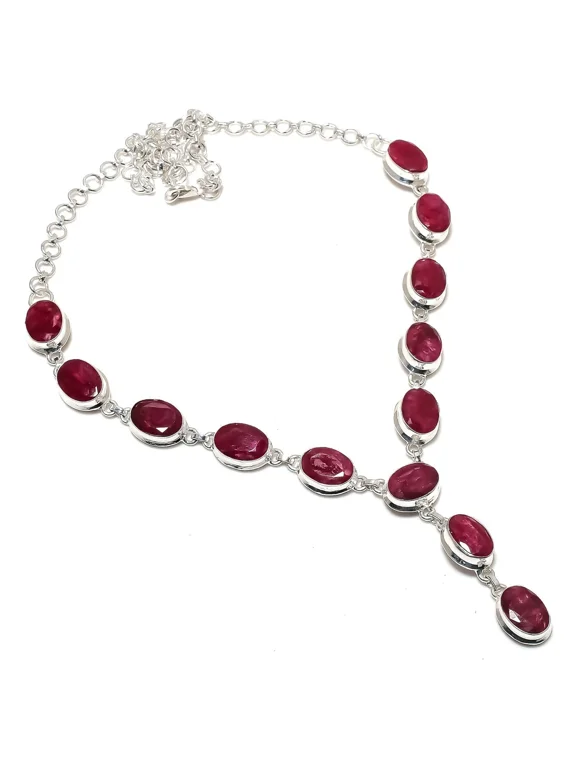 Lab-Created Ruby Gemstone Necklace Handmade Beautiful Necklace Oval Cabochon Red Ruby 925 Sterling Silver Plated Jewelry 22 Inch Adjustable Necklace