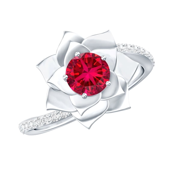 Rosec Jewels Lab Grown Ruby Flower Engagement Ring with Diamond - Bypass Ring for Women - AAAA Quality - with Jewelry Box, 10K White Gold, US 4.50