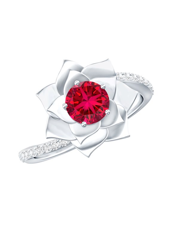 Lab Grown Ruby Flower Engagement Ring with Diamond - Bypass Ring for Women - AAAA Quality - with Jewelry Box, 10K White Gold, US 6.00