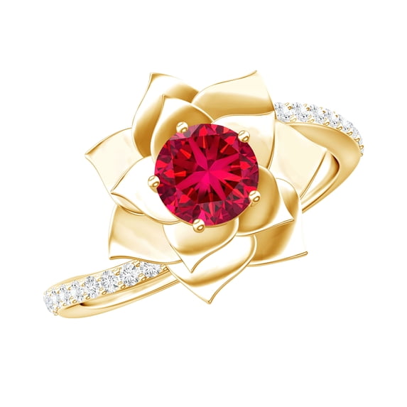 Rosec Jewels Lab Grown Ruby Flower Engagement Ring with Diamond - Bypass Ring for Women - AAAA Quality - with Jewelry Box, 10K Yellow Gold, US 13.00