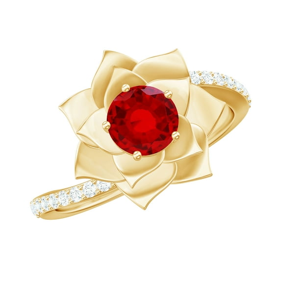Rosec Jewels Lab Grown Ruby Flower Engagement Ring with Diamond - Bypass Ring for Women - AAAA Quality - with Jewelry Box, 18K Yellow Gold, US 6.00