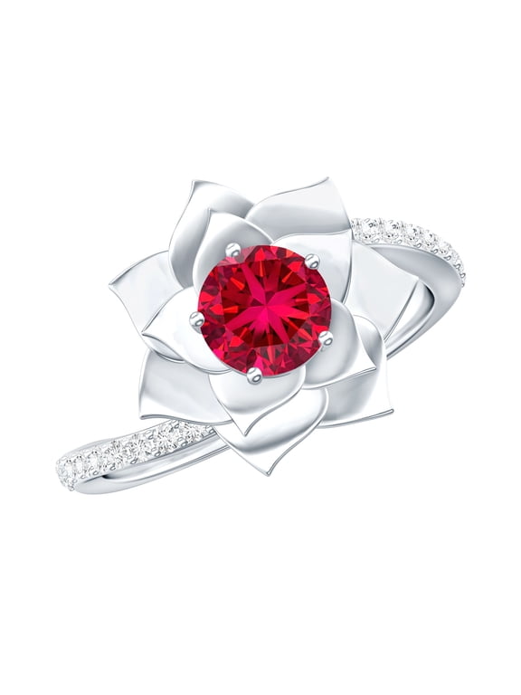 Lab Grown Ruby Flower Engagement Ring with Diamond - Bypass Ring for Women - AAAA Quality - with Jewelry Box, 925 Sterling Silver, US 4.00