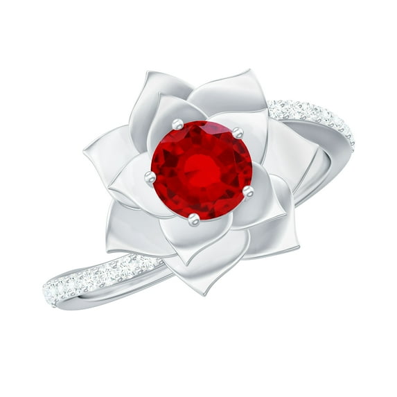 Rosec Jewels Lab Grown Ruby Flower Engagement Ring with Diamond - Bypass Ring for Women - AAAA Quality - with Jewelry Box, 925 Sterling Silver, US 6.00