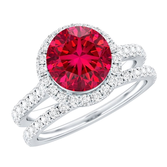 Rosec Jewels Lab Grown Ruby Wedding Bridal Ring Set - AAAA Grade - Ruby Halo Engagement Ring with Band - with Jewelry Box, 10K White Gold, US 11.00