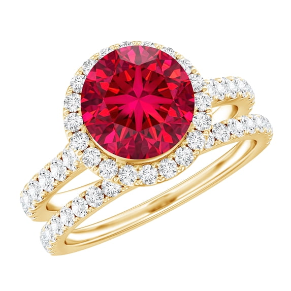 Rosec Jewels Lab Grown Ruby Wedding Bridal Ring Set - AAAA Grade - Ruby Halo Engagement Ring with Band - with Jewelry Box, 18K Yellow Gold, US 12.50