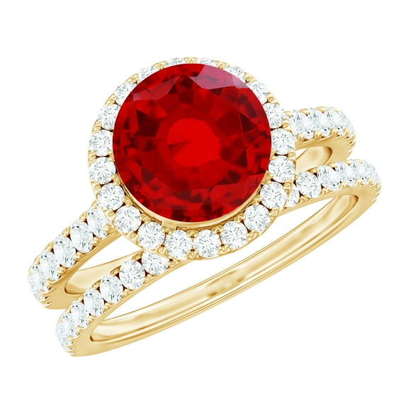 Rosec Jewels Lab Grown Ruby Wedding Bridal Ring Set - AAAA Grade - Ruby Halo Engagement Ring with Band - With Jewelry Box, 18K Yellow Gold, US 4.00