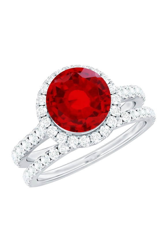 Lab Grown Ruby Wedding Bridal Ring Set - AAAA Grade - Ruby Halo Engagement Ring with Band - With Jewelry Box, 925 Sterling Silver, US 4.00