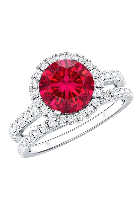 Lab Grown Ruby Wedding Bridal Ring Set - AAAA Grade - Ruby Halo Engagement Ring with Band - with Jewelry Box, 925 Sterling Silver, US 5.00