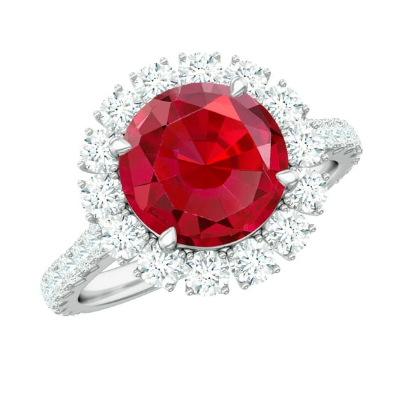 Rosec Jewels Lab Grown Ruby Engagement Ring with Halo - Round Ruby Ring for Women - AAAA Quality Certified - with Jewelry Box, 18K White Gold, US 9.50