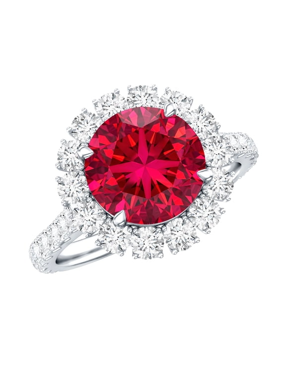 Lab Grown Ruby Engagement Ring with Halo - Round Ruby Ring for Women - AAAA Quality Certified - with Jewelry Box, 925 Sterling Silver, US 4.00