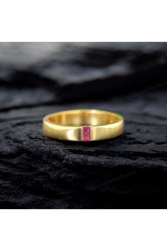 Lab Created Ruby Solitaire Band for Women Half Bezel Setting Promise Statement Band July Birthstone Proposal Band Birthday Gif For Sister