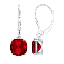 Rosec Jewels Sterling Silver Ruby Earrings - Lab Created Ruby Drop Earrings Lever Back (8 mm Cushion Cut, AAAA Grade) - Ready to Gift for Valentines