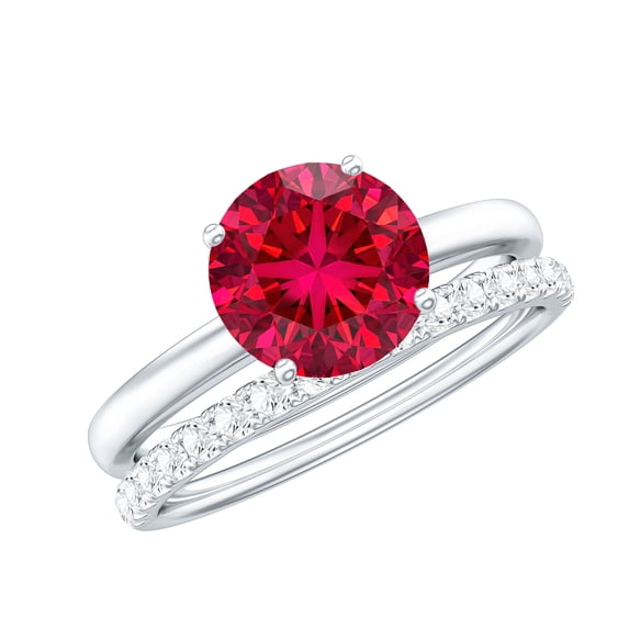 Rosec Jewels Lab Created Ruby Solitaire Ring Set with Diamond Enhancer (AAAA Grade), 14K White Gold, US 6.00