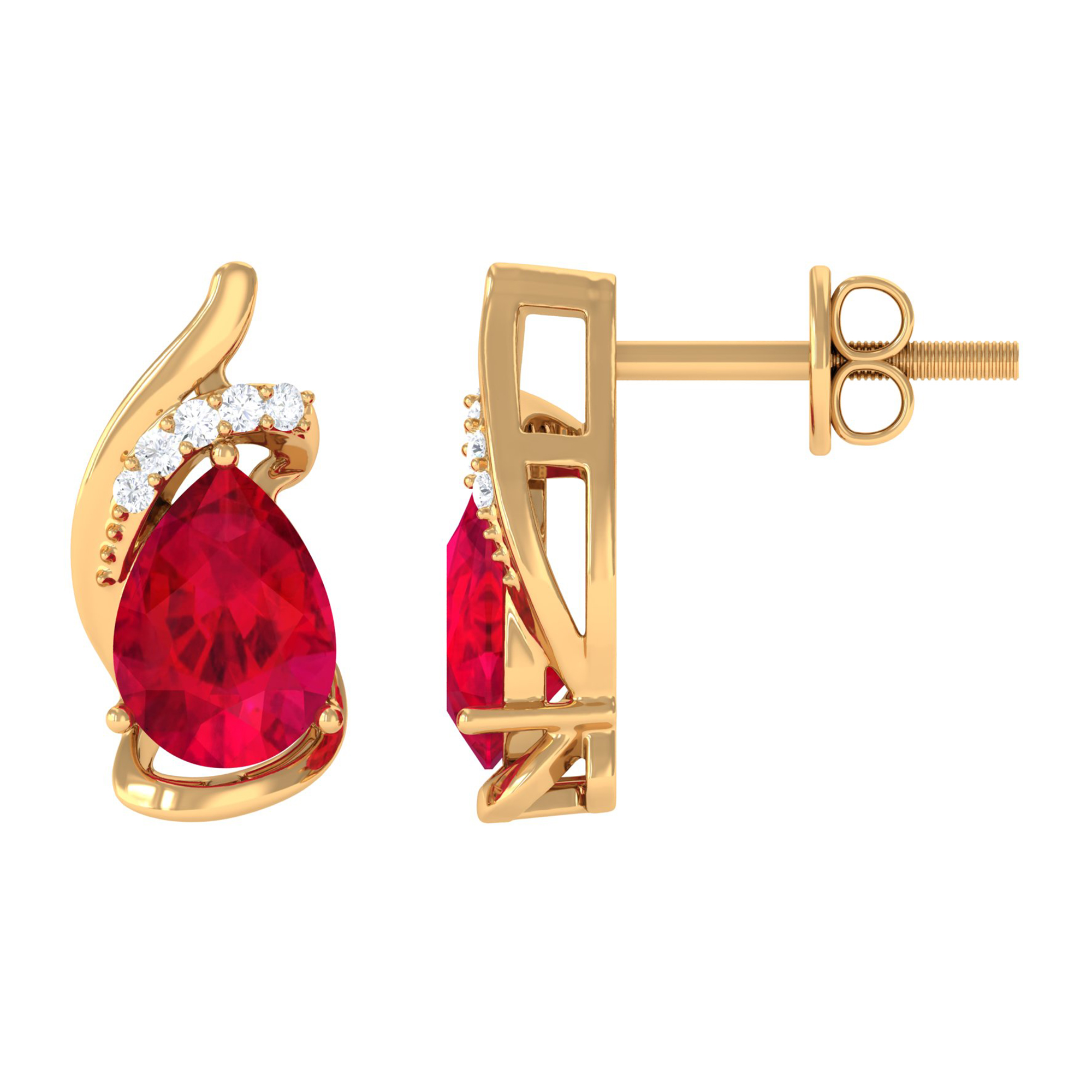 Lab Created Ruby Stud Earrings with Moissanite (5X7 mm Pear Shape, AAAA