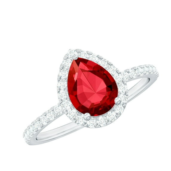 Rosec Jewels Lab Created Ruby Teardrop Ring with Diamond Halo (1.50 CT, AAAA Grade), 10K White Gold, US 6.00