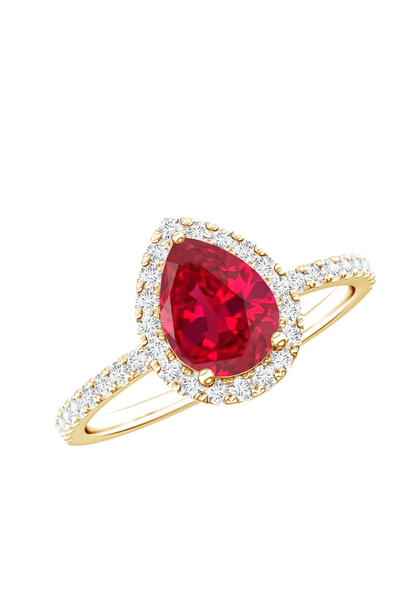 Certified Lab Grown Ruby Teardrop Engagement Ring - (6X8 mm) Pear Shaped Ruby Diamond Ring - AAAA Grade, 10K Yellow Gold, US 10.00