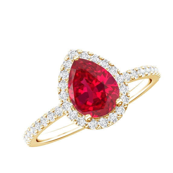 Rosec Jewels Certified Lab Grown Ruby Teardrop Engagement Ring - (6X8 mm) Pear Shaped Ruby Diamond Ring - AAAA Grade, 14K Yellow Gold, US 8.00