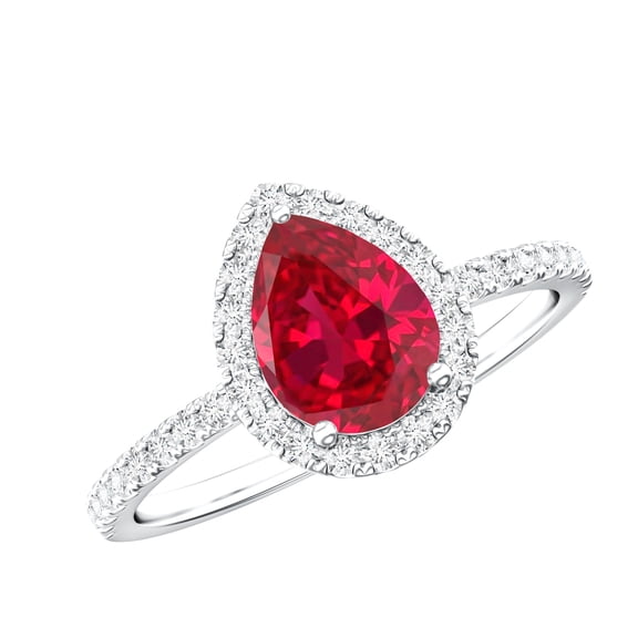 Rosec Jewels Certified Lab Grown Ruby Teardrop Engagement Ring - (6X8 mm) Pear Shaped Ruby Diamond Ring - AAAA Grade, 925 Sterling Silver, US 4.00